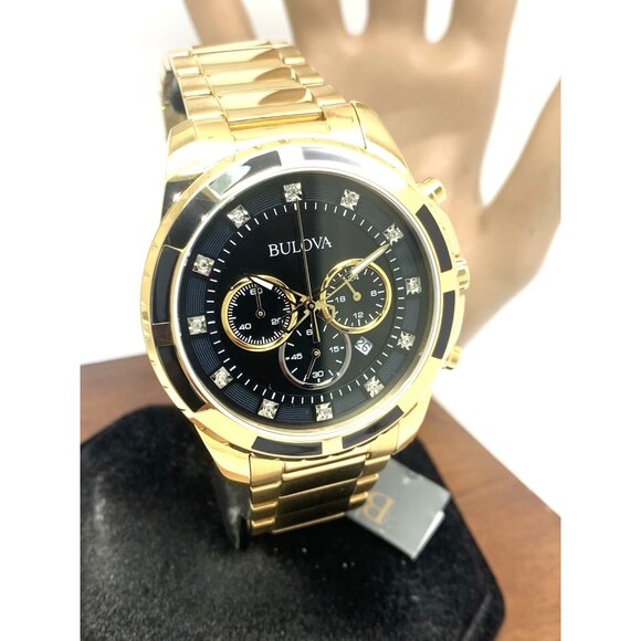 Bulova Men's Watch 97D121 Chronograph Gold Tone Stainless Steel Diamond Dial - Picture 13 of 14